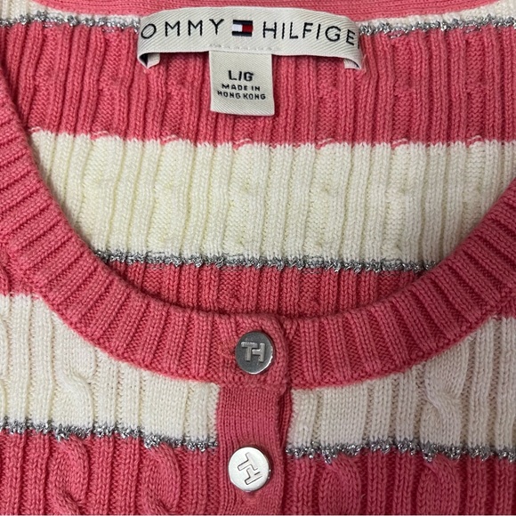 Tommy Hilfiger Pink, Off-white, and Silver Striped Cable Knit Sweater Large - Picture 5 of 12